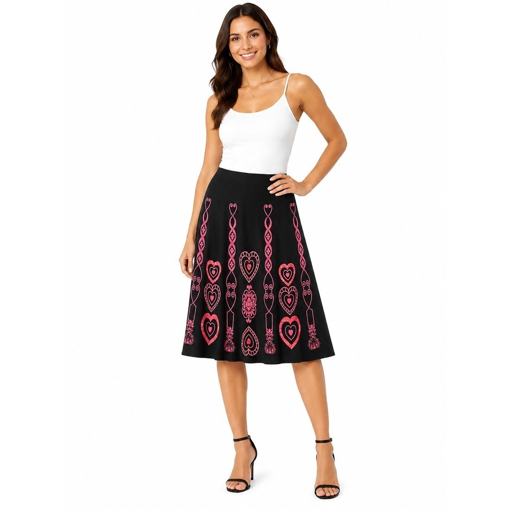 Cadi & Blu Vintage Midi Skirt Womens 8 Black Pink Heart Embroidery Sequin Lace